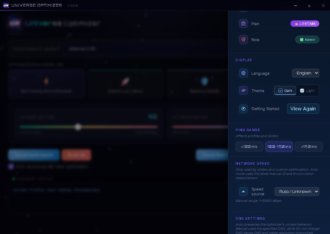 Universe Optimizer settings panel